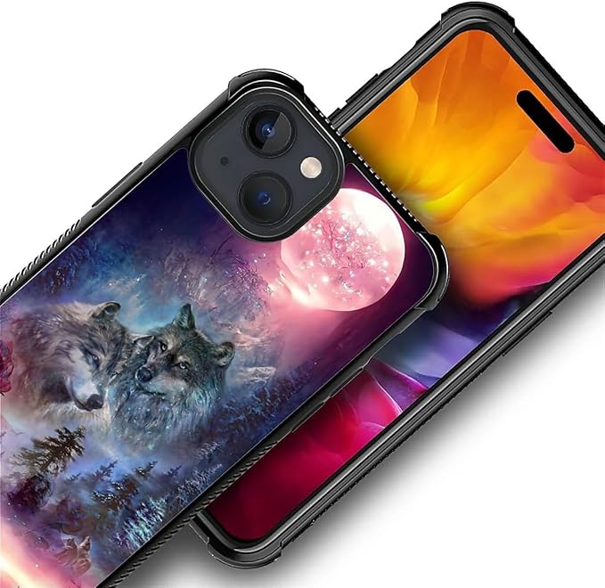 for iPhone 15 Plus Case, Star Two Wolfs Howling Pattern Graphic Design Girl Boy Soft Silicone Hard Acrylic Shock Protection for iPhone 15 Plus