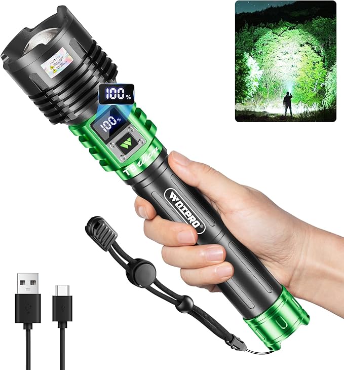 WdtPro Rechargeable LED Flashlights High Lumens, Super Bright 90000LM Rechargeable Flashlight with LCD Display, 5 Modes & Waterproof Powerful 10000mAh 30H Flashlight for Camping Emergency Green