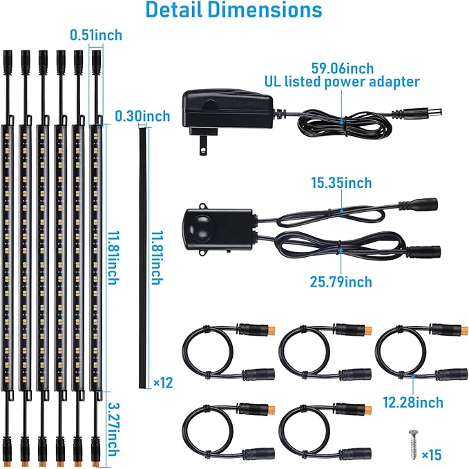 TORCHSTAR LED Safe Lighting Kit 3CCT, (6) 12 Inch Linkable Light Bars, Motion Sensor, 3000K/4000K/5000K Selectable, 900LM Safe Light Kit for Gun Safe Under Cabinet Locker Closet, UL Power Adapter