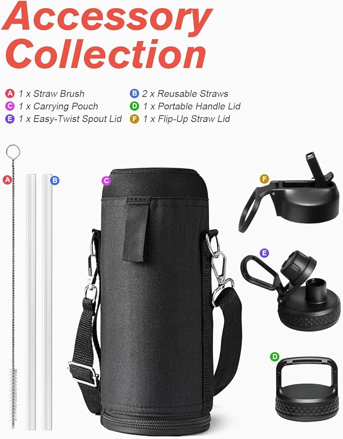 Water Bottle 40 oz Insulated with Straw, Coolflask Stainless Steel Metal 3 Lids Water Flask for Sports or Office, Keep Cold 48H Hot 24H, Samurai Cyan