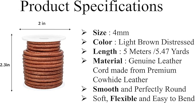 GENIQUE Real/Genuine Round Leather String Cord for Necklace, Bracelets, Jewellery, Braiding (Light Brown Distressed, 4mm)