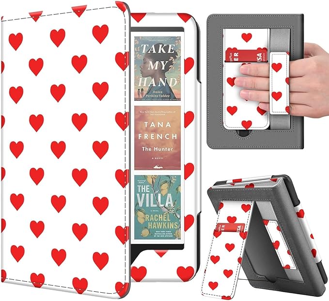 TNP Stand Case for Kindle Paperwhite 12th Generation 2024 / Kindle Colorsoft Signature Edition with Hand Strap & Card Slot - 7" PU Leather Protective Folio Cover with Auto Wake/Sleep, Red Love Heart