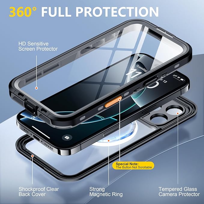 Red2Fire for iPhone 16 Pro Max Case Waterproof, [Built-in Screen Protector & Camera Protector][Compatible with MagSafe][Full Body Shockproof][IP68 Waterproof][Dustproof] Phone Case 6.9" Black/Clear