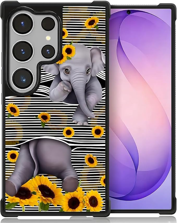 for Samsung Galaxy S26 Ultra Case,Graphic Design for Girl Boy Soft Silicone Hard Acrylic Shock Protection Designed Cute Little Elephant Sunflower White Line Art Pattern