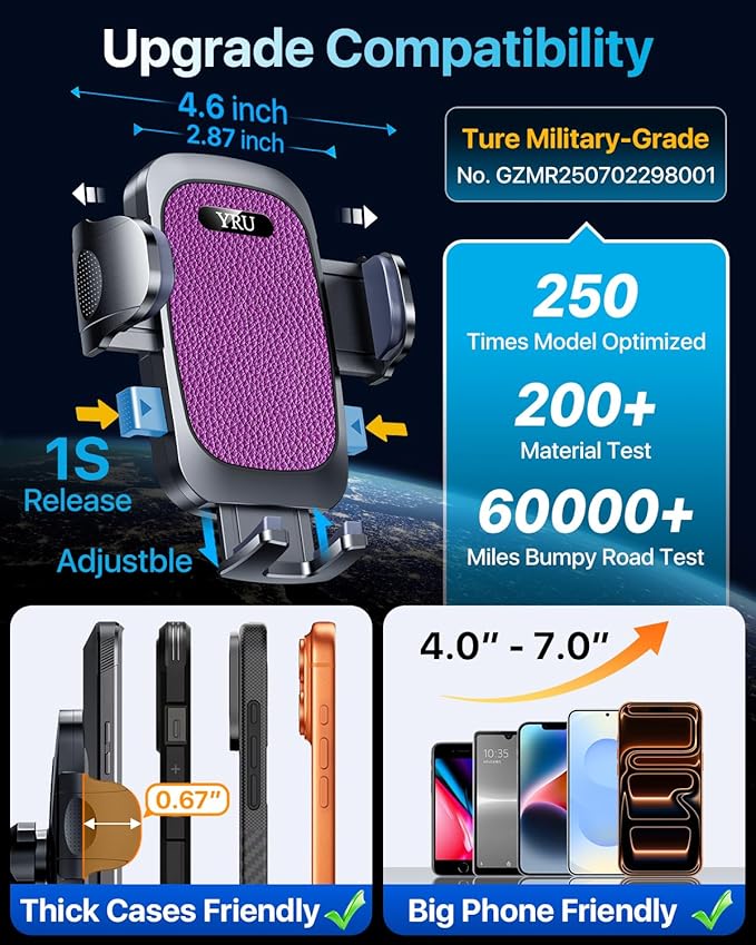 YRU [True Upgrade for Safety] Car Phone Holder Mount [Patent & Military-Grade] Dashboard Cell Phone Holder for Car Vent Windshield Phone Stand for iPhone 17 16 15 14 13 Pro Max Truck Samsung, Purple