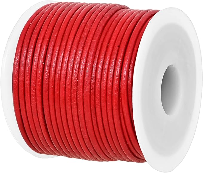 GENIQUE Real/Genuine Round Leather String Cord for Necklace, Bracelets, Jewelry, Kumihimo Braiding, DIY Projects (20 Metres) (1.5mm, Red)