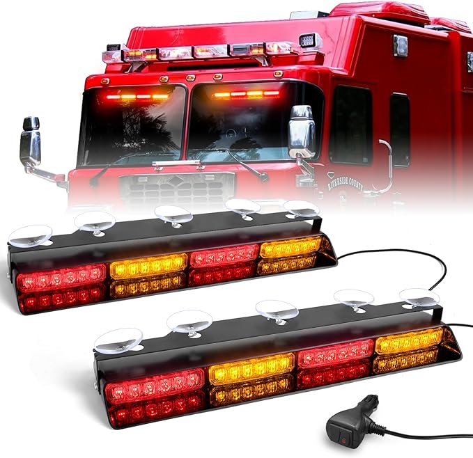HLauto 6Z4J Emergency Dash Strobe Lights: 2x16.8 inch Red Amber Safety Lights, 48 LED Flashing Warning Hazard Interior Windshield Visor Traffic Light Bar for Trucks, Construction Vehicles