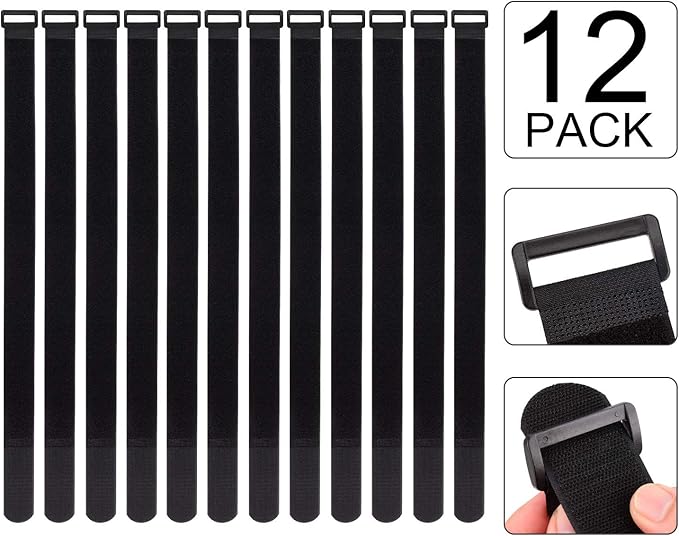 1.5 x 24 Inch Hook and Loop Cable Tie, 12 Pack Heavy Duty Adjustable Fastening Adhesive Cinch Strap with Plastic D-ring Buckle, Multi-Purpose Reusable Cord Organizer by Cacturism
