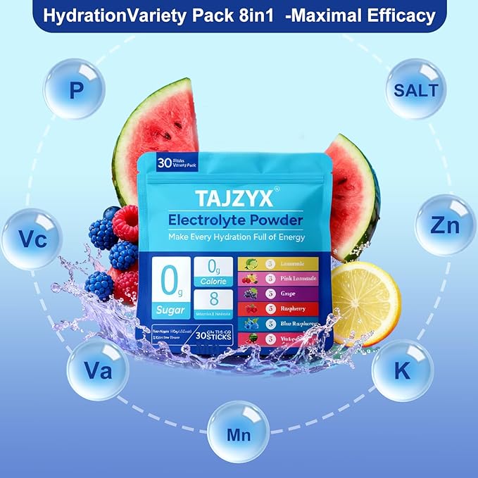 Hydration Packets Sugar Free, 0 Calorie Electrolytes Powder Packets 6 Flavors, 8 Electrolytes & Minerals Variety Pack, 30 Stickpacks for Sports, Travel, Workouts & Daily Hydration