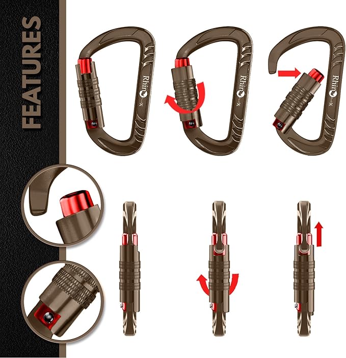 Rhino Produxs 12kN (2697 lbs) Heavy Duty Carabiner Clips, for Securing Pets, Outdoor, Camping, Hiking, Hammock, Dog Leash Harness, Keychains