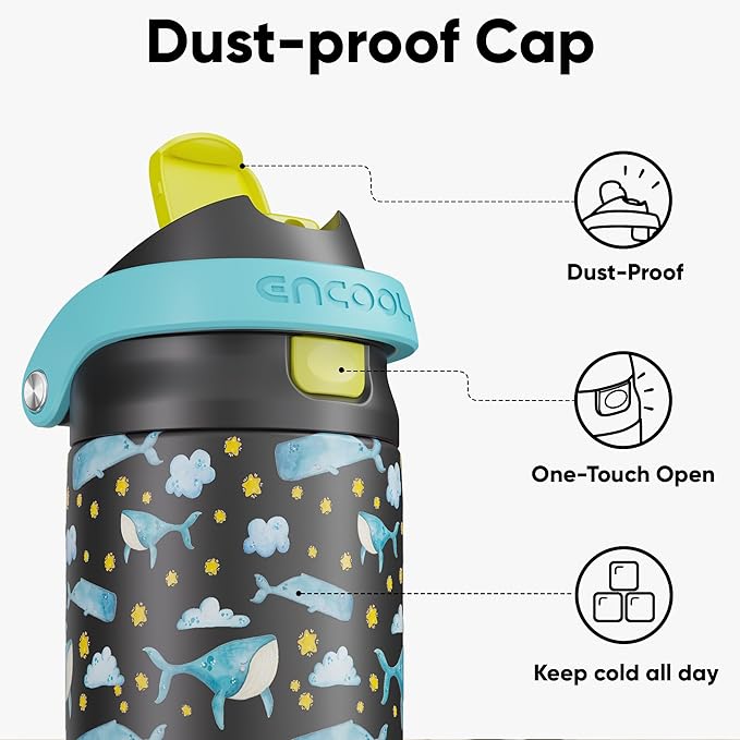 ENCOOL Leakproof Insulated Water Bottle with Straw Dual-Sip Water Bottle Bag-Safe Design for Work, Commute & Gym – Keeps Drinks Cold All Day, 24 oz, Sky Whale