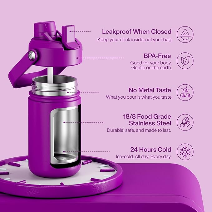 Kids Insulated Water Bottle with Straw - 12oz Stainless Steel Water Bottle with Dual Spouts, Leak-Proof, BPA-Free, Double Wall Vacuum Keeps Cold for 24 Hours for Sports, Travel (Bright Magenta)