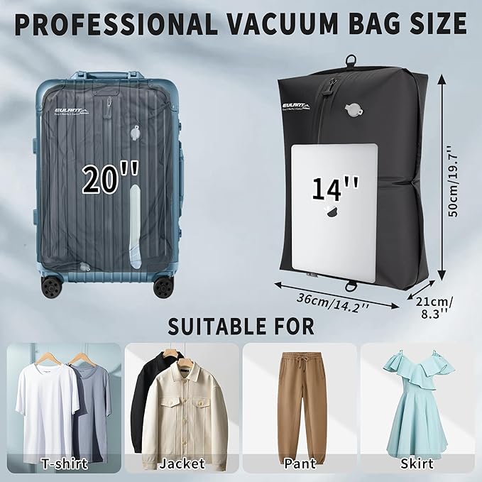 Reusable Vacuum Bags for Travel,Professional Waterproof IPX8 Zipper Vacuum Compression Bag for Suitcases Backpack,Space Saver Bags Packing Organizers for Clothing Packing(2 Pack,Dark Black)