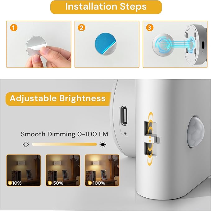 L LOHAS LED Motion Sensor Night Light, Rechargeable Stair Lights Indoor, Portable Warm White Motion Sensor Light Indoor, Battery Operated Night Light for Bedrooms, Stairway & Bathrooms[2 Pack]