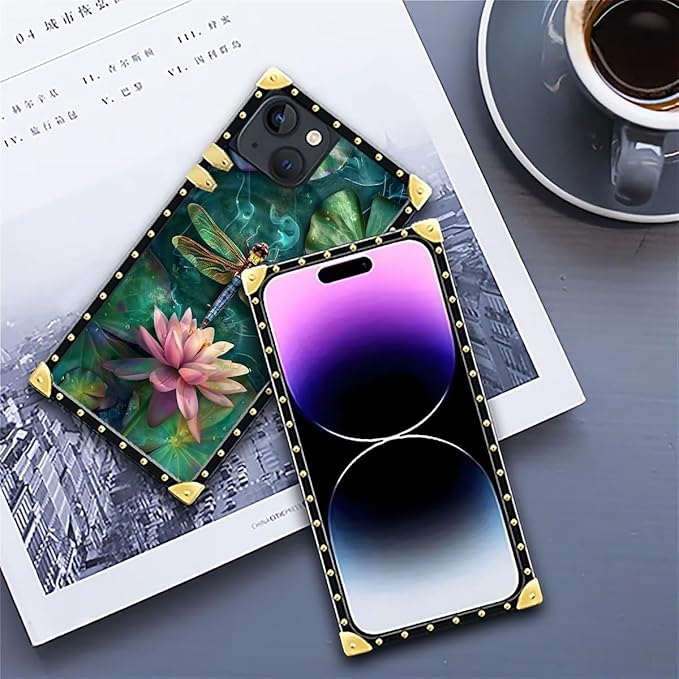 Compatible with iPhone 14 Case, Colourful Dragonfly Pink Lily Pads Luxury Golden Decoration for Girl Women Soft TPU Shockproof Protective Hard PC Back for iPhone 14