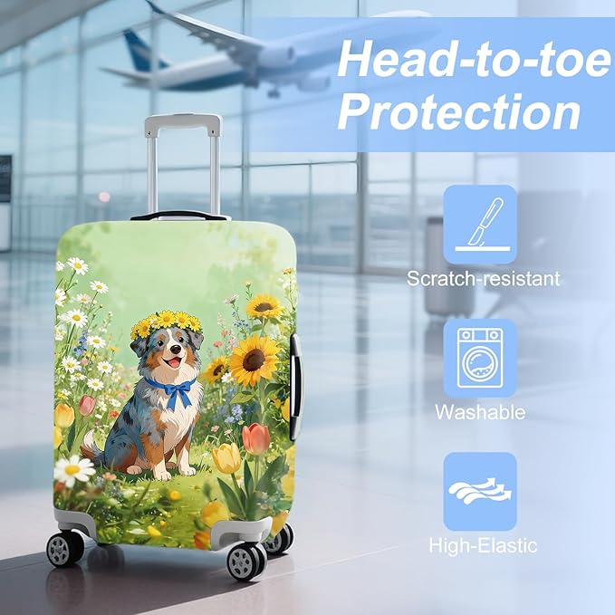 ANNA QUEEN Spring Cute Dog Travel Luggage Cover-Flower Stretchable Airplane Suitcase Protector Sleeve,Universal Washable Fit for 28-30 Inch Checked Baggage,Water Resistant Durable Luggage Protector