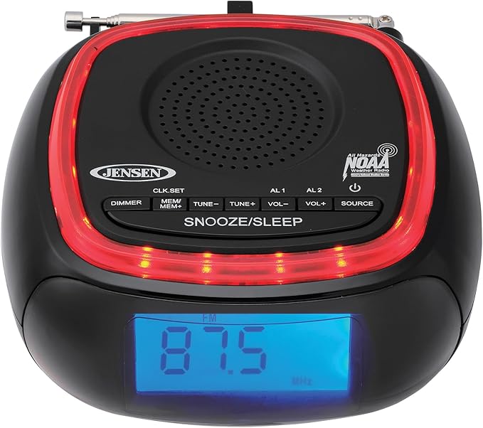 Jensen JEP-725 Digital AM/FM Weather Band Alarm Clock Radio with NOAA Weather Alert and Top Mounted Red LED Alert Indicator Ring