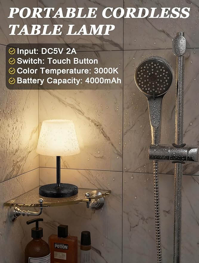 Kakanuo Black Cordless Shower Lamp Waterproof, Rechargeable Cordless Lamp with 4000mAh Battery, Touch Dimmable Table Lamp for Outdoor, Kitchen, Bathroom, Camping, Patio, IP54