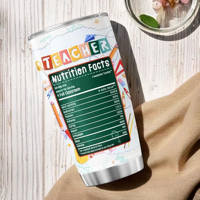 Teacher Appreciation Gift for Women, Cute Rainbow Design Stainless Steel Tumbler, 20oz Insulated Travel Cup with Nutrition Facts, Back to School, End of Year, Birthday Thank You Idea