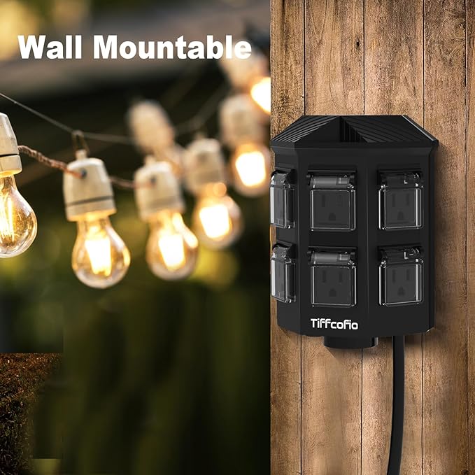 TiFFCOFiO Outdoor Power Strip with Stake Waterproof, 15 FT Extension Cord, 6 Grounded Outlets for Outdoor Lights, 14 AWG, 15A/1875W, ETL Listed