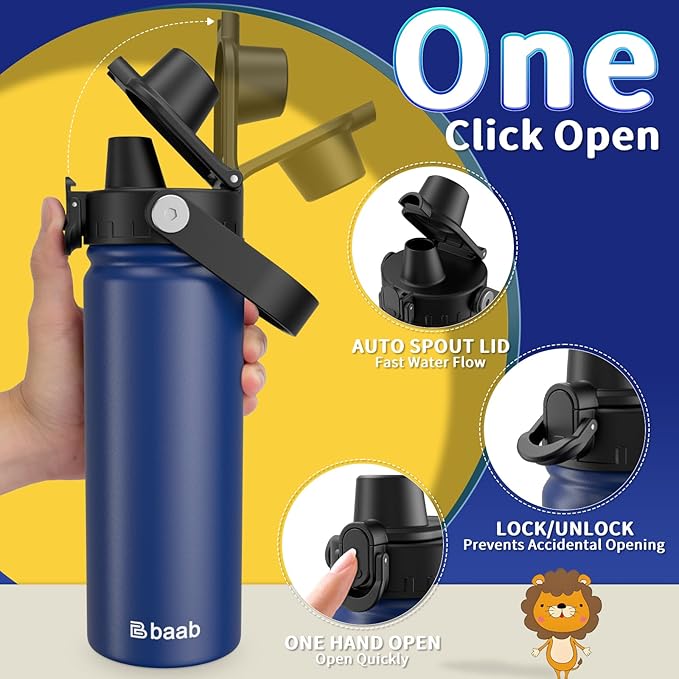 baab 18oz Kids Water Bottle, Insulated Kids Water Bottle with Lockable Spout Lid & Stickers, 18/8 Stainless Steel Vacuum Leakproof Kid Water Cup with Handle for Boy Girl & School (Navy Blue, 1 Pack)