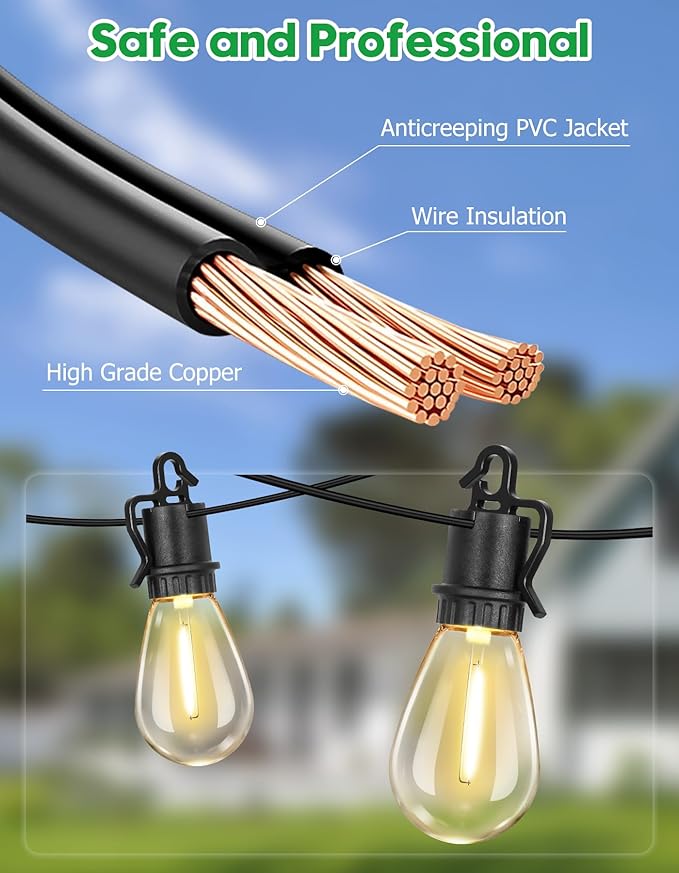 200FT Outdoor String Lights with 70 Shatterproof S14 Vintage Edison Bulbs E12 Sockets,2700K Dimmable Outdoor Lights,IP55 Waterproof LED String Lights for Outside, Patio, Garden, Backyard,Bistro