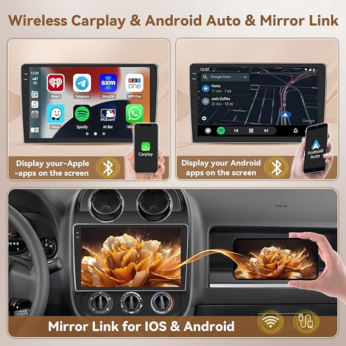 [4+64G] for Jeep Compass Patriot 2010-2016 Android 15 Car Stereo, Hikity 10'' in-Cell Touchscreen Compass Radio Wireless Carplay Android Auto 5G WiFi Bluetooth Mirror Link GPS SWC FM/RDS/EQ Backup Cam