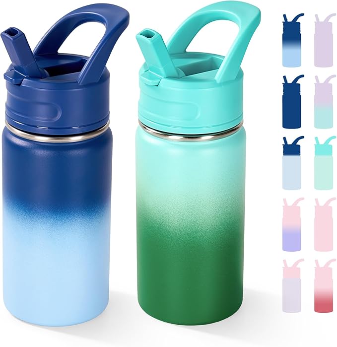 Fijinhom 12oz Kids Water Bottle for School, Toddler Bottles with Straws, Stainless Steel Vacuum Insulated Water Bottle for Boys&Girls, Leak-Proof, BPA-Free, Nature Couple