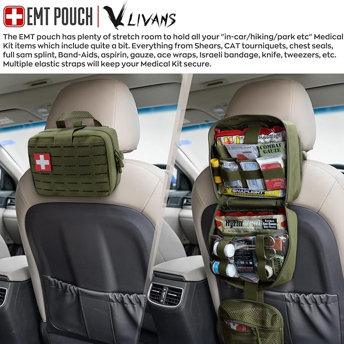 LIVANS Tactical Molle Medical Pouch - Upgraded Size, Large Capacity IFAK Pouch with Detachable Quick Release and Headrest Mount, Includes Flag and Cross Patch