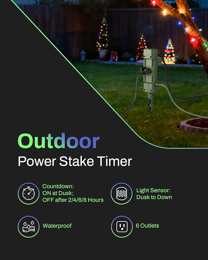 BN-LINK Outdoor Power Stake Timer, Dusk to Dawn Sensor for Outdoor Lights, 6 Grounded Outlets, 6ft Extension Cord, 1875W/15A,Christmas Decorations, ETL Listed