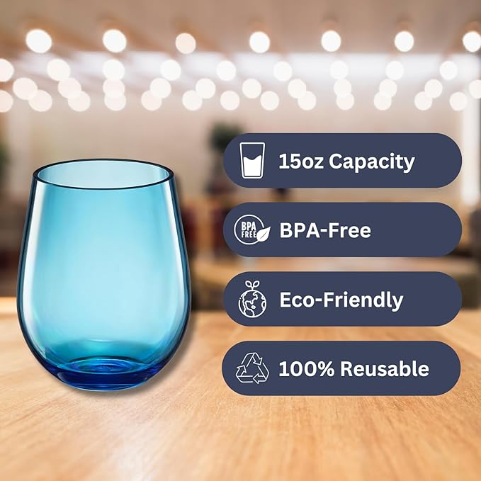 European Style Plastic Crystal Unbreakable Stemless Wine Glasses | Set of 12 | Acrylic Glasses Tritan Bright Color Shatterproof BPA-free, Outdoor, Pool, Indoor, Hand Wash 15oz Gift, Everyday & Holiday