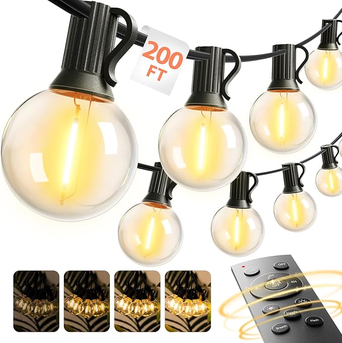 addlon Outdoor String Lights 200FT G40 with Remote, 108 LED Shatterproof Bulbs, Dimmable Patio Globe Lights Waterproof, Hanging Outside Lighting for Backyard, Garden, Deck, Balcony, Porch, Café, Decor