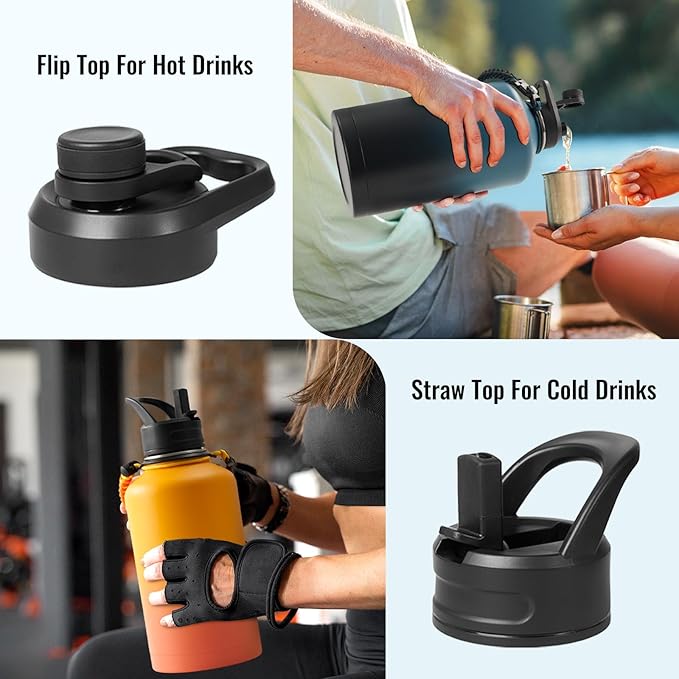 Fijinhom Gallon Water Bottle with 2 Lids (Straw & Spout), 304 Stainless Steel Water Jug with Handle and Wide Mouth, 1 Gallon Vacuum Double Walled Jug for Sports, Outdoors, Yellow&Orange 128 oz