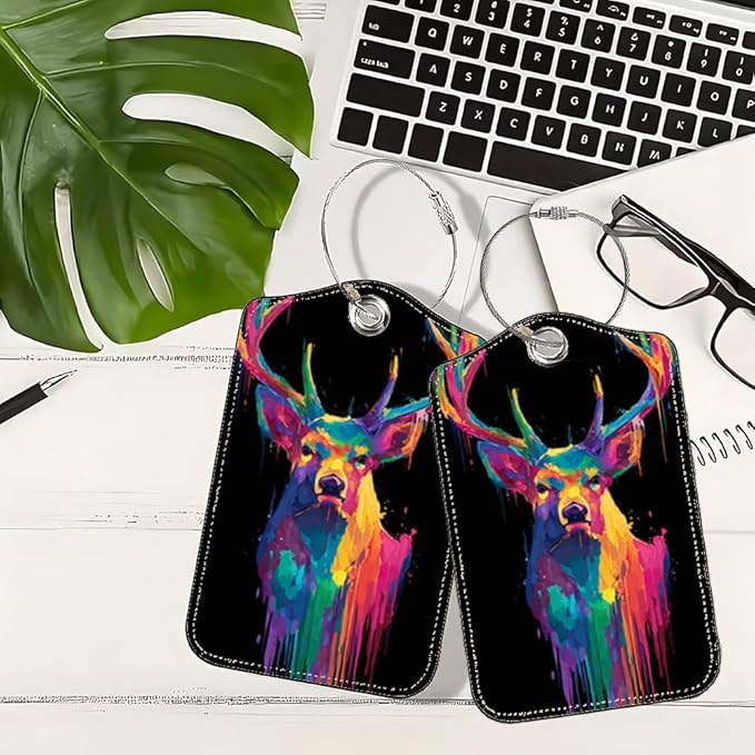 2Pcs Vibrant Deer Luggage Tags for Suitcases, 2.83x4.53 Artistic Animal ID Labels with Privacy Cover, Neon Geometric Bag Tags for Backpacks, Travel Gifts for Men & Women, Set of 2