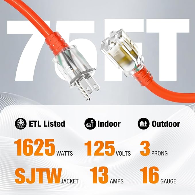 75 FT Outdoor Extension Cord Waterproof, 16/3 Gauge Heavy Duty 3 Prong Power Cord with Lighted Indicator End, 13A 125V 1625W SJTW, ETL Listed, Great for Lawn/Garden/Home(Orange)