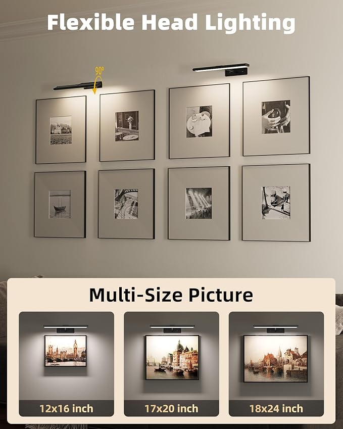 EZVALO Picture Light for Wall, 16'' Black Rechargeable 4800mAh Battery Lights Wireless Remote, Dimmable Magnetic LED Art Painting Light with 3 Color Temperatures, Display for Gallery, Living Room(2P)