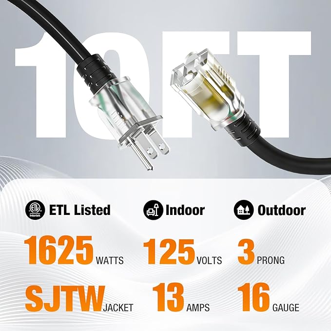 10 FT Outdoor Extension Cord Waterproof, 16/3 Gauge Heavy Duty 3 Prong Power Cord with Lighted Indicator End, 13A 125V 1625W SJTW, ETL Listed, Great for Lawn/Garden/Home(Black)