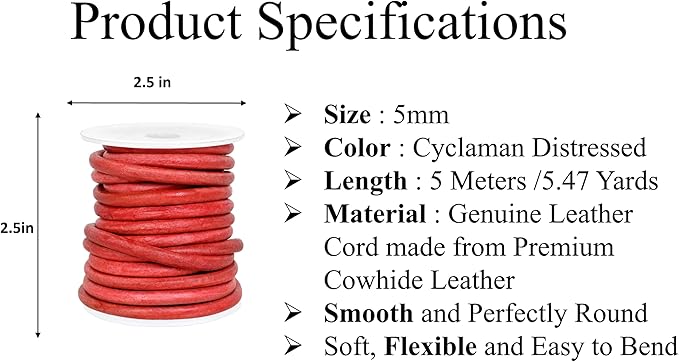 GENIQUE Real/Genuine Round Leather String Cord for Necklace, Bracelets, Jewellery, Braiding (Cyclaman Distressed, 5mm)