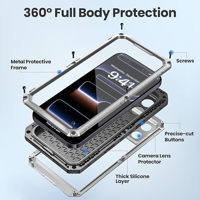 Mitywah Waterproof Case for iPhone 17 Pro Max, Rugged Metal Case with Built-in Screen Protector, Heavy Duty Full Body Shockproof Protective Cover 6.9 inch, Silver