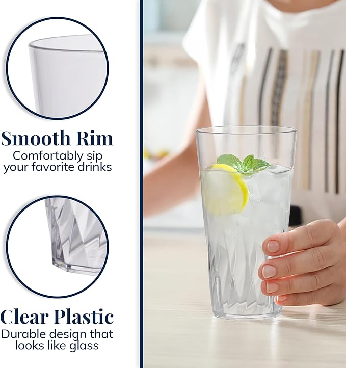 US Acrylic Palmetto [Set of 16] 20 ounce Plastic Stackable Water Tumblers in Clear, Lightweight Value Set of Drinking Cups, Reusable, BPA-free, Made in the USA, Top-rack Dishwasher Safe