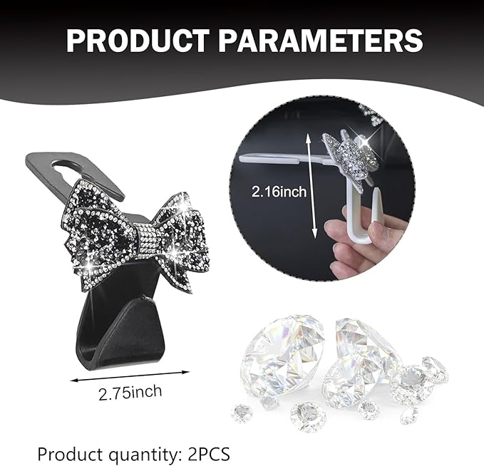 2 PCS Bling Bow Car Seat Headrest Hooks, Cute Rhinestone Bow Car Seat Back Storage Decor Hook, Multi-Purpose Rear Hanger Holder for Bags, Purse, Clothes (Black)