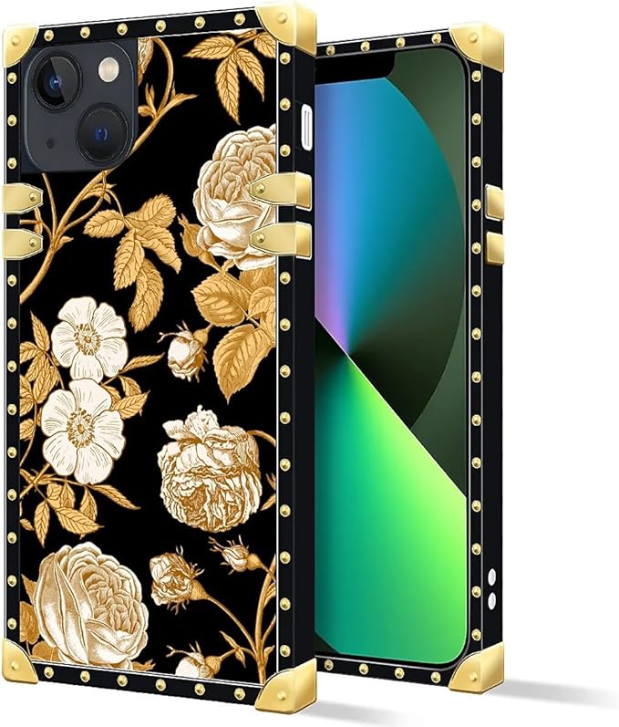 Compatible with iPhone 13 Case, Blooming Rose Golden Flower Luxury Golden Decoration for Girl Women Soft TPU Shockproof Protective Hard PC Back for iPhone 13