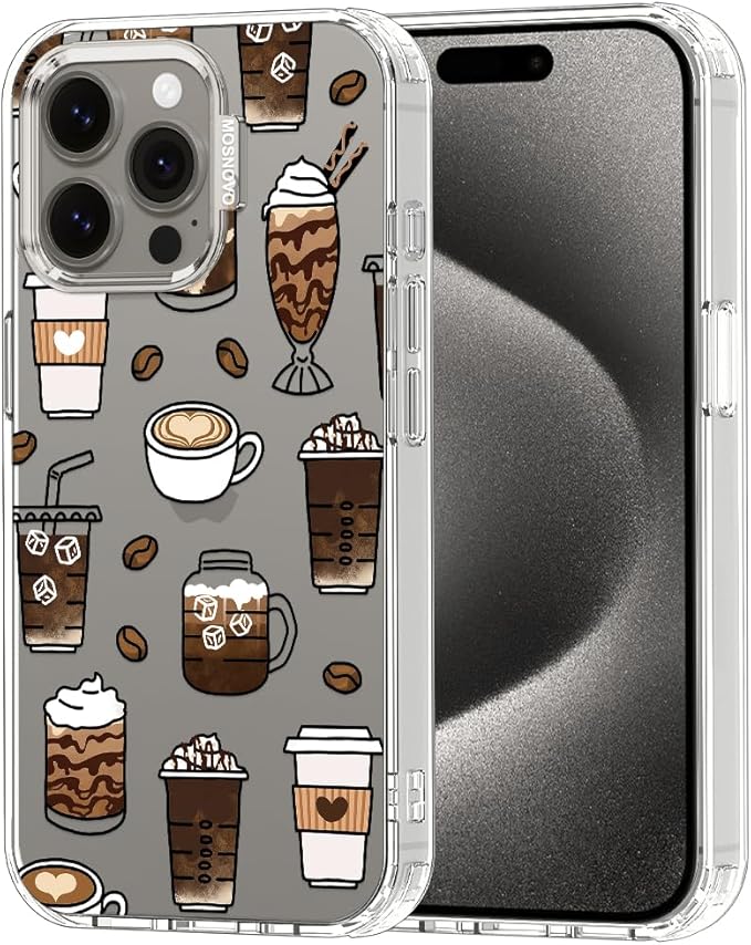 MOSNOVO Case for iPhone 15 Pro Max, [Buffertech 6.6ft Military-Grade Drop Protection] [Anti Peel Off Tech] Clear TPU Bumper Phone Case Cover Design - Coffee