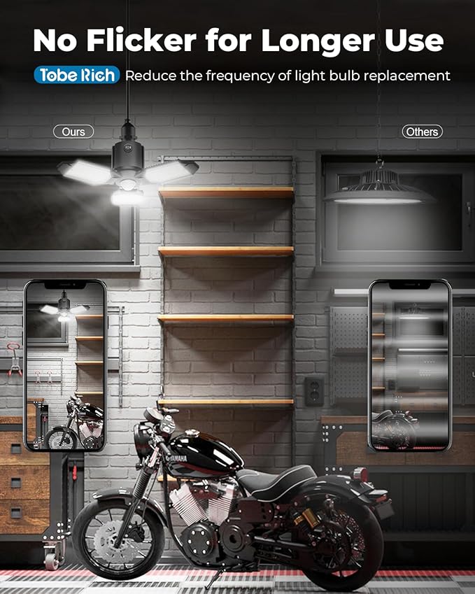 toberich Motion Sensor Garage Lights 4 Pack, 8000LM Motion Sensor Shop Light w/ 3 Switch Modes, 6500K Indoor Motion Activated Light Bulb for Garage, Workshop, Utility Room, Basement