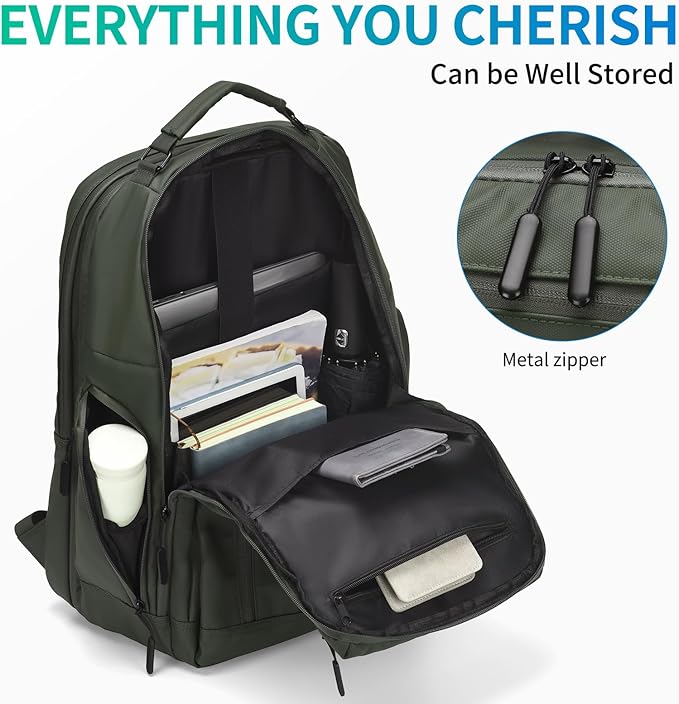 Expandable Business Backpack with 17" Laptop Compartment - Waterproof, Airline Approved, 33L-42L Capacity, for Work & Travel, Green