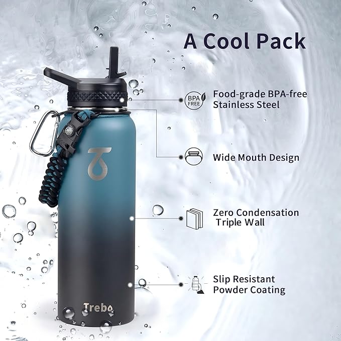 Trebo Water Bottle Insulated 40oz with Paracord Handle, Vacuum Triple Wall Stainless Steel Water Jug, 48hr Cold Retention, Leakproof BPA-Free Flask With 3 Lids Fits in Car Cup Holder, Indigo/Black