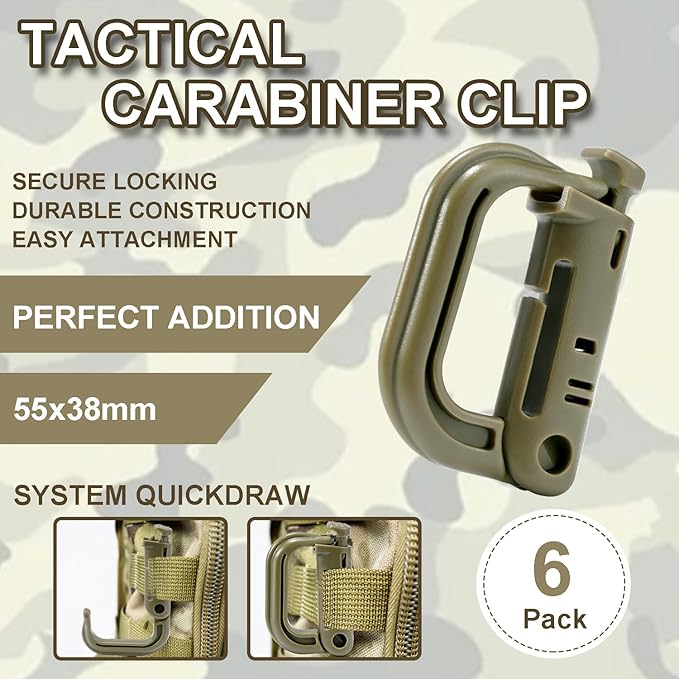 6 Pack 2.12“ Tactical Locking D Ring Plastic Carabiner Backapck Molle Hook Clip for Webbing Straps Bag