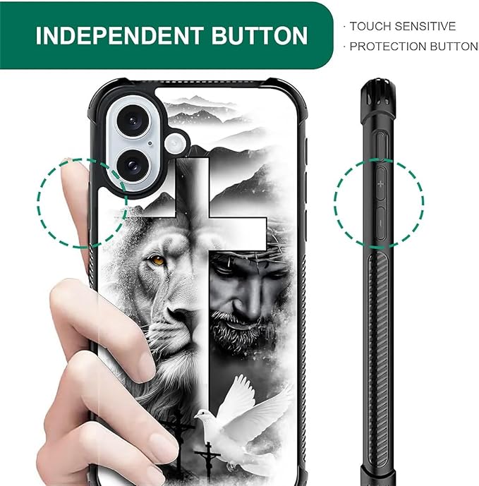for iPhone 16 Plus Case, Lion Cross Jesus Christ Dove Pattern Graphic Design Girl Boy Soft Silicone Hard Acrylic Shock Protection for iPhone 16 Plus