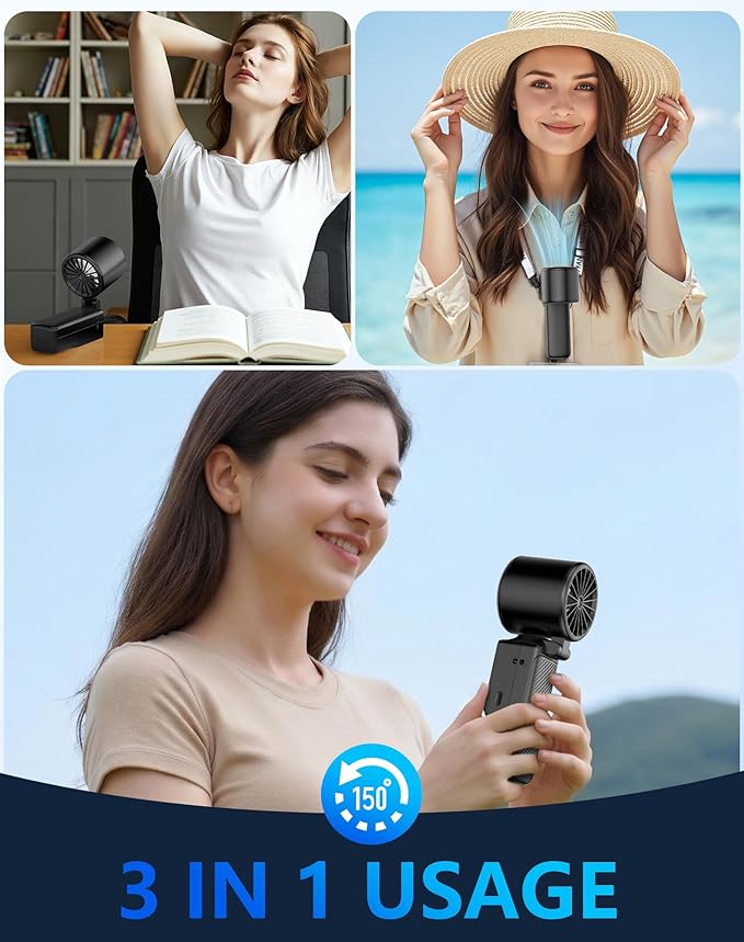 Foluu 3-in-1 Portable Cooling Fan with Active Cooling Technology, 16,000 RPM, 100-Speed Touch Control & LED Display, Type-C Fast Charge, Neck Strap & Stand – for Travel, Office, Outdoor (Black)