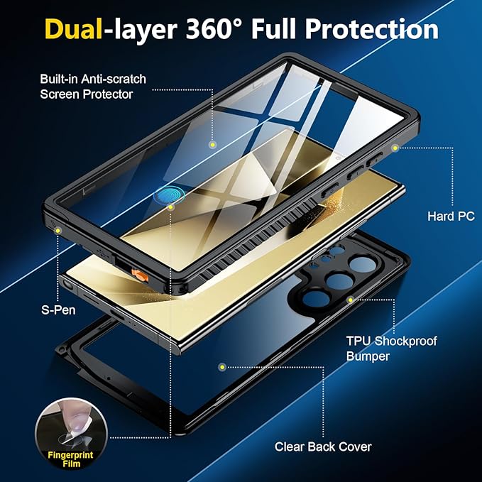 SPIDERCASE Upgraded for Samsung Galaxy S24 Ultra Case Waterproof,Built-in Screen & Camera Lens Protector[IP68 Underwater] [Military Grade Shockproof] Full Body Protection Phone Case,Black/Clear